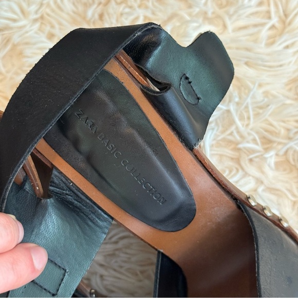 Zara Basic Collection Black Leather Studded Block Heel wood Sandals Size 38/7.5 - Picture 2 of 9